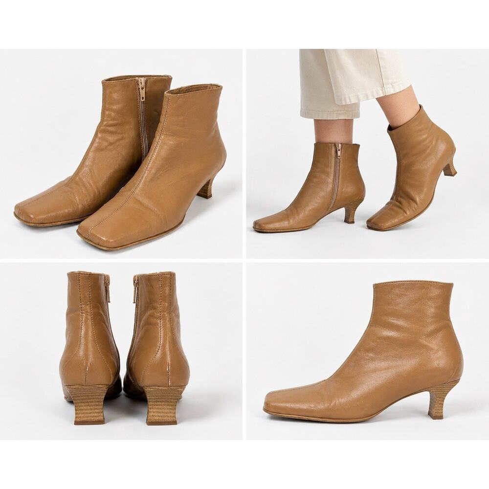 Görtz 17 Italian Leather Ankle Boots 37 Tan Square Toe Kitten Heel Y2K
